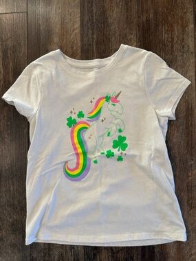 Cat & Jack White Tee with Rainbow Unicorn and Green Clover Accents